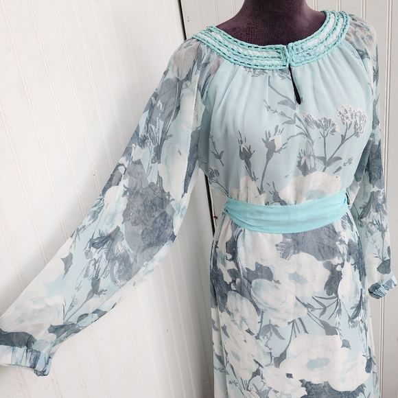 American Glamour Badgley Mischka Dress Womens Long Sleeve Chiffon Beaded Flowy M - Picture 6 of 16